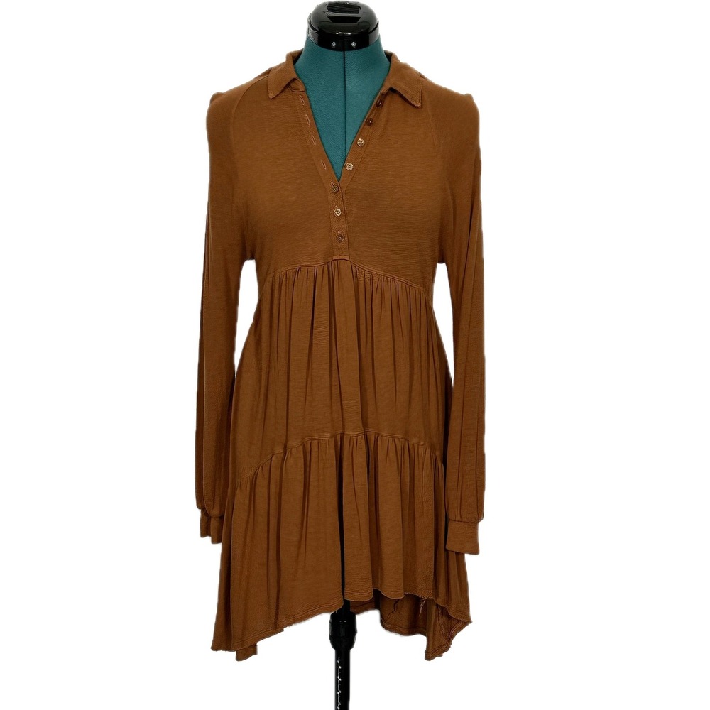 Free People Tunic Dress Tiered Babydoll XS Rust Brown Boho Linen Blend Mini